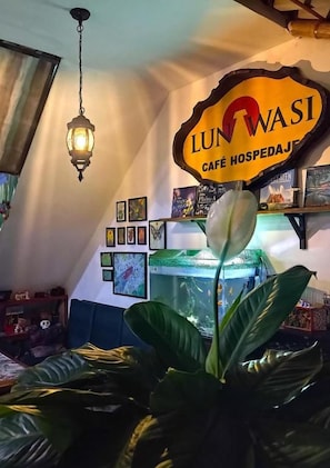 Interior d'una cafeteria amb un cartell que diu 'LUN WASI CAFÉ HOSPEDAJER', una làmpada penjant i un aquari.