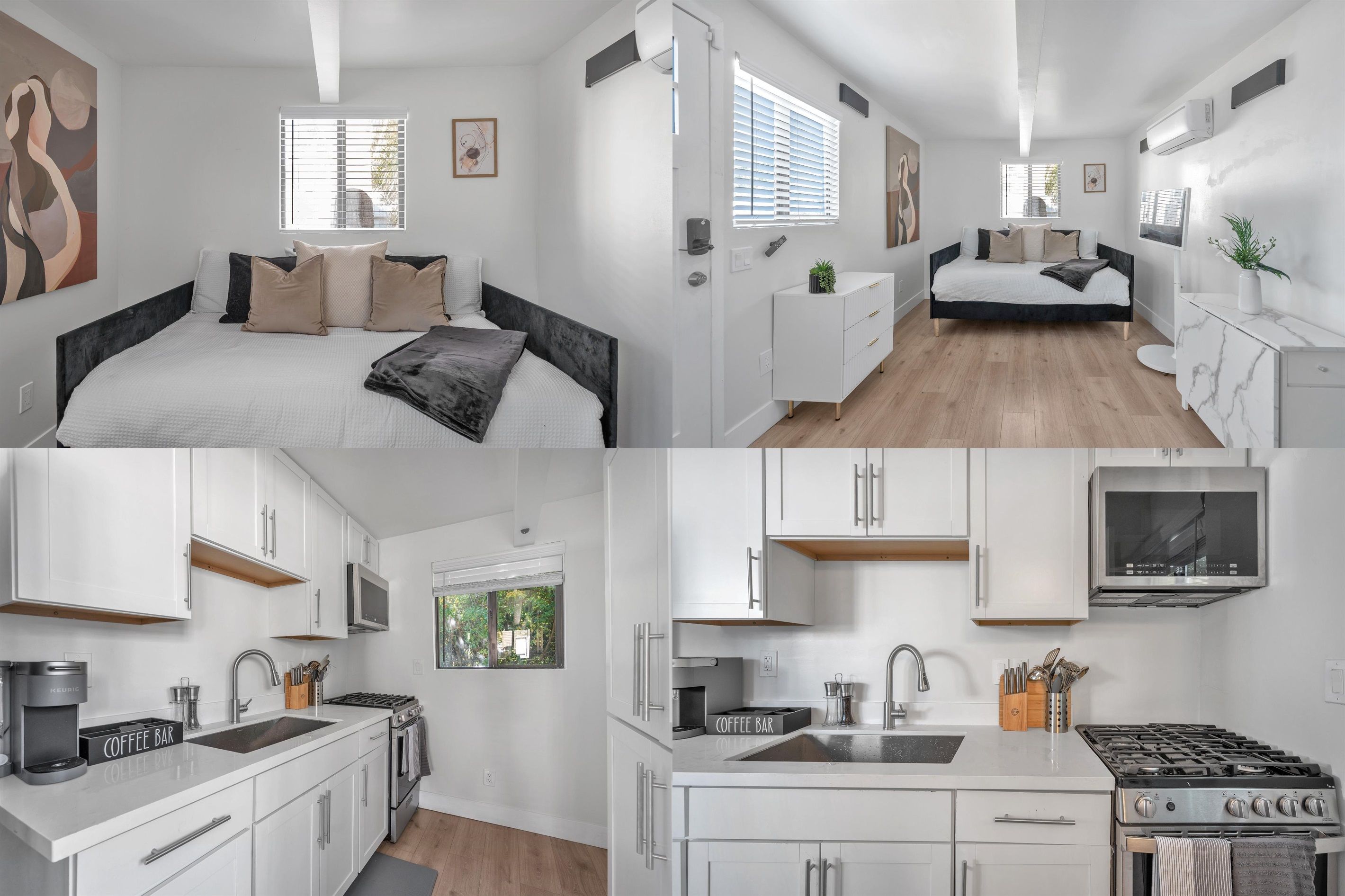 Een moderne, compacte hotelkamer met een bed, nachtkastje en een klein kitchenette.