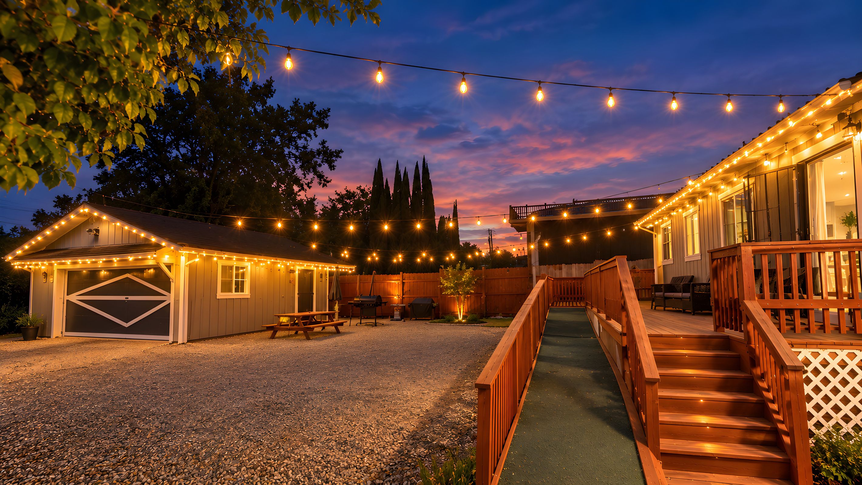 A covered outdoor area with a wooden deck, picnic table, barbecue grill, and string lights.