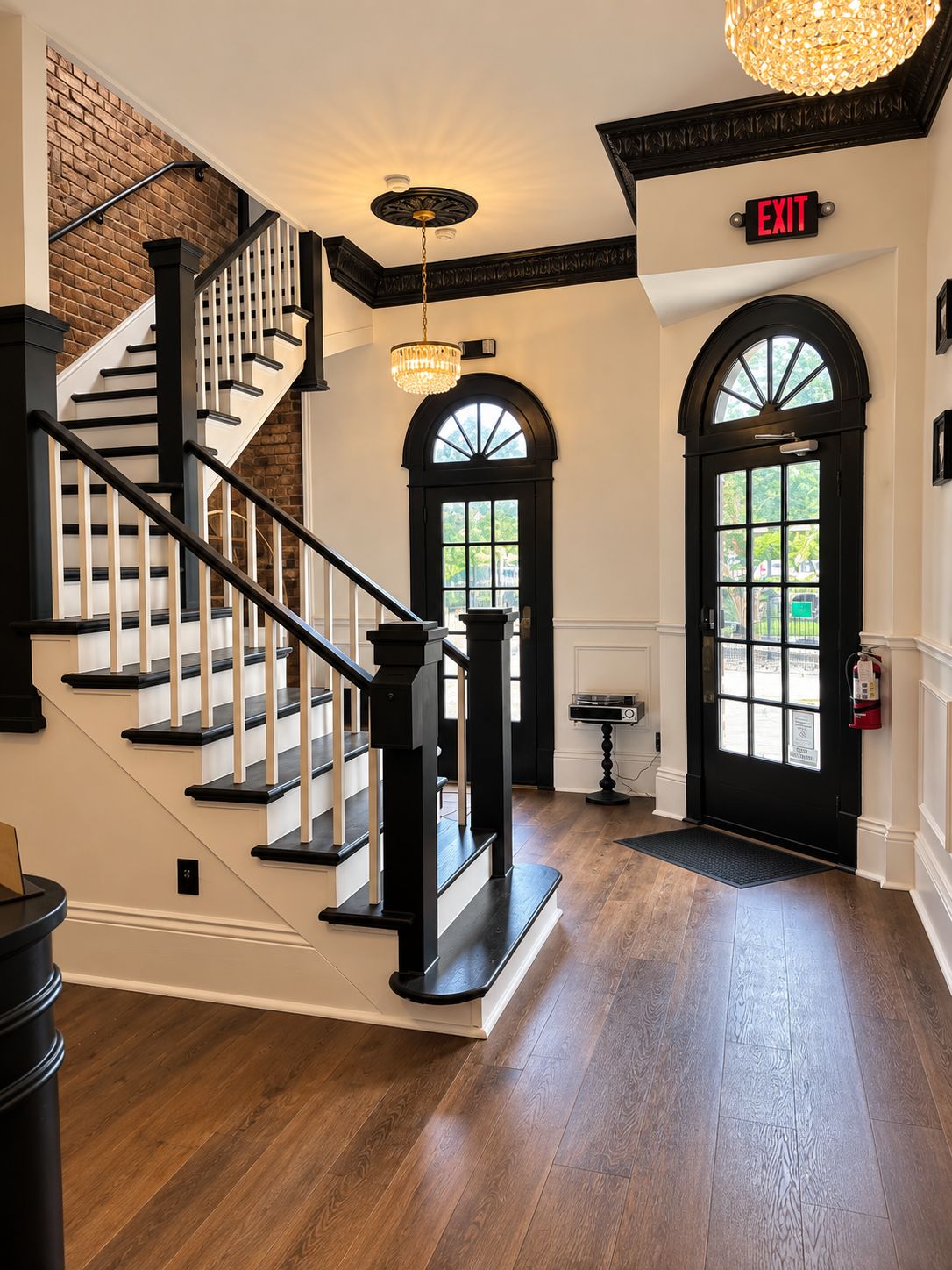 Una escalera con barandillas negras y escalones de madera que conduce a un rellano con candelabro.