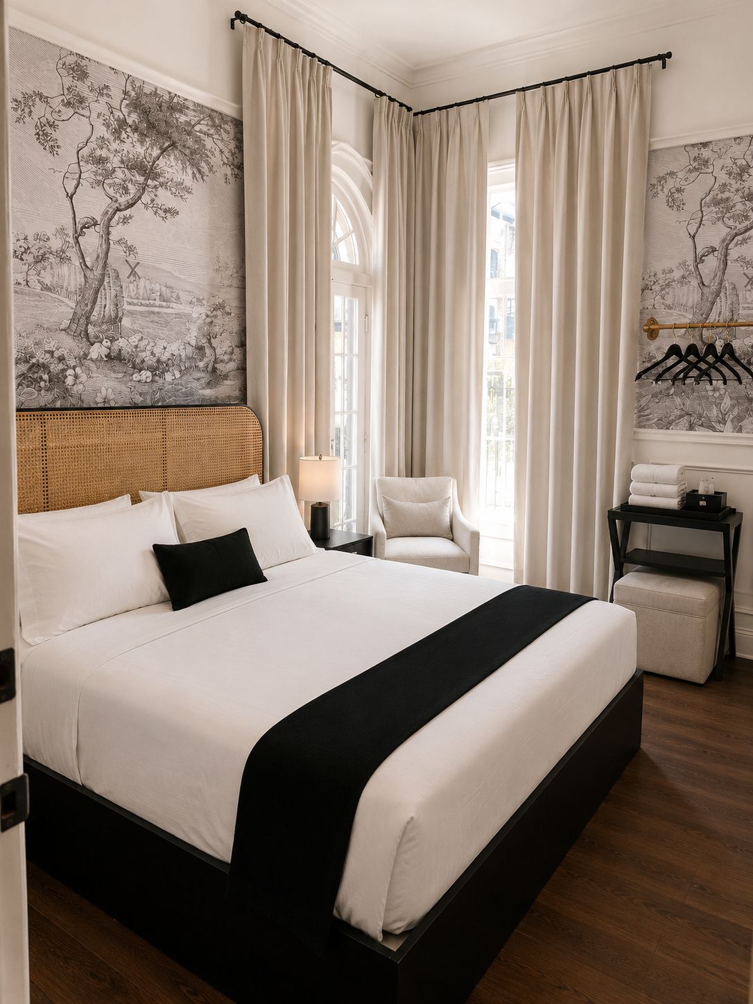 Una habitación de hotel con una cama grande, una silla, una mesita de noche y un armario.