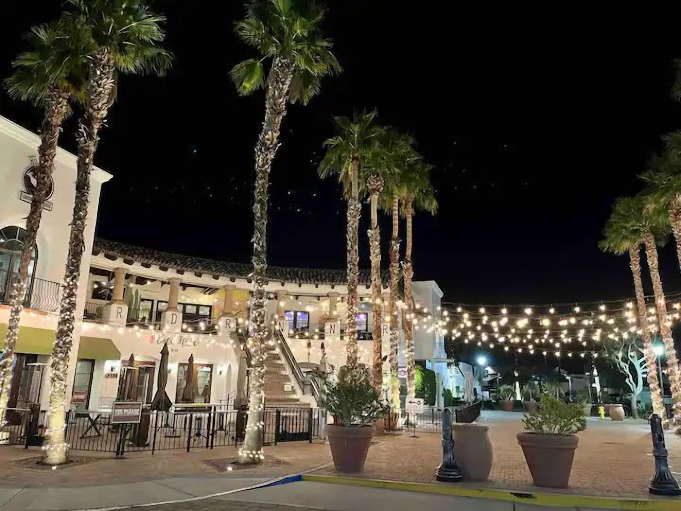 A courtyard with palm trees, a building with multiple balconies, and string lights.