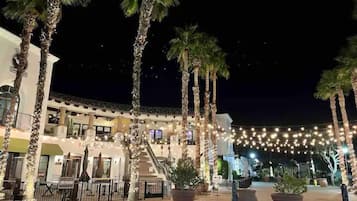 A courtyard with palm trees, a building with multiple balconies, and string lights.