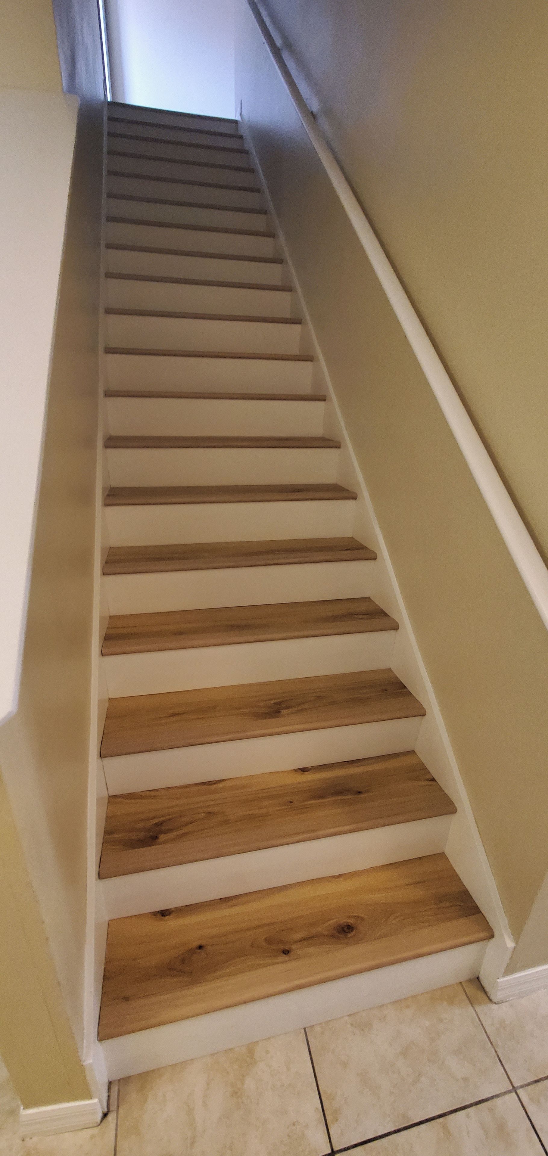 A staircase with wooden steps and white handrails.