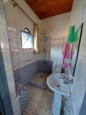 Un baño con ducha, inodoro y lavabo.