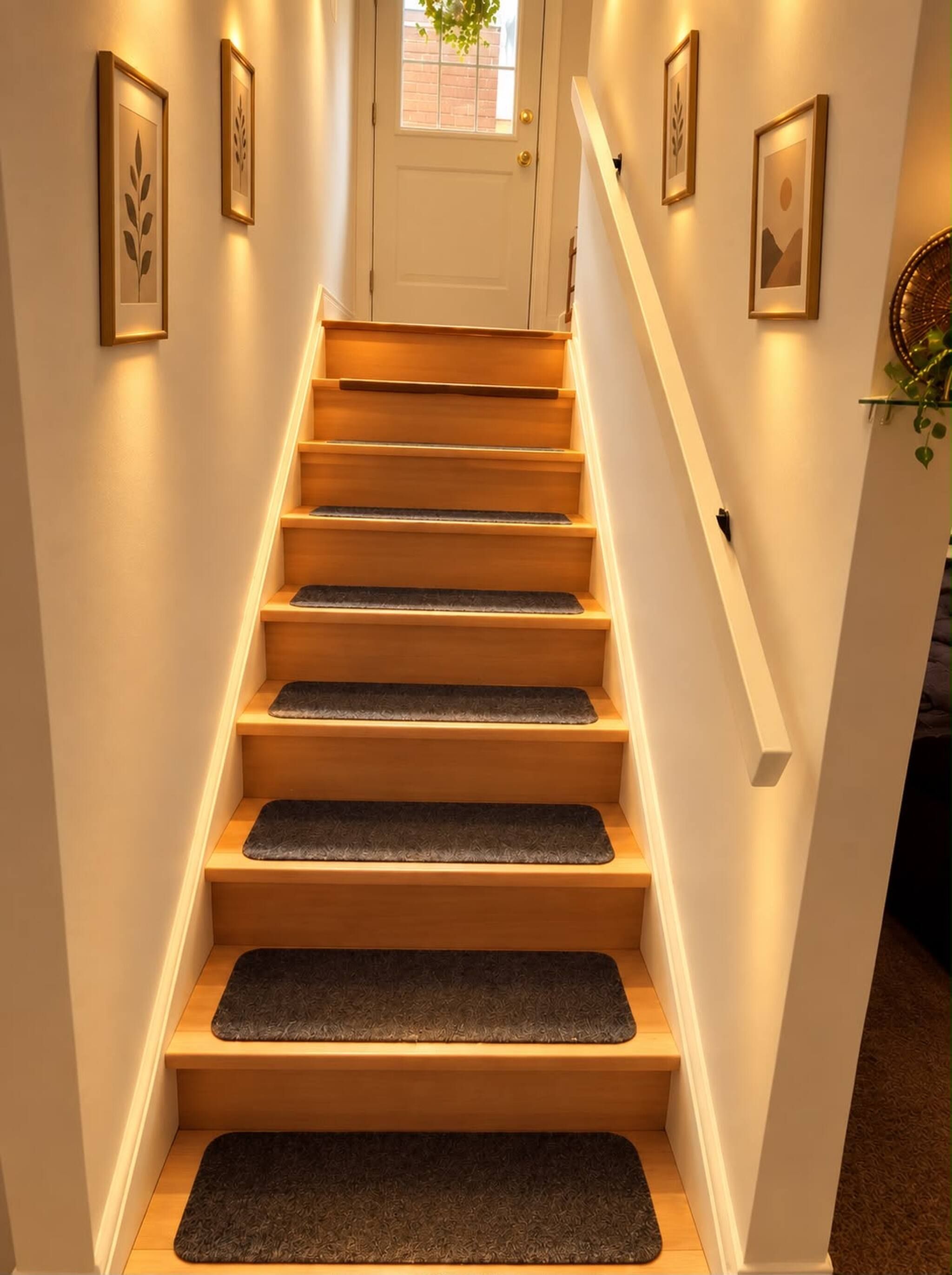 A staircase with wooden steps and dark mats at the bottom.