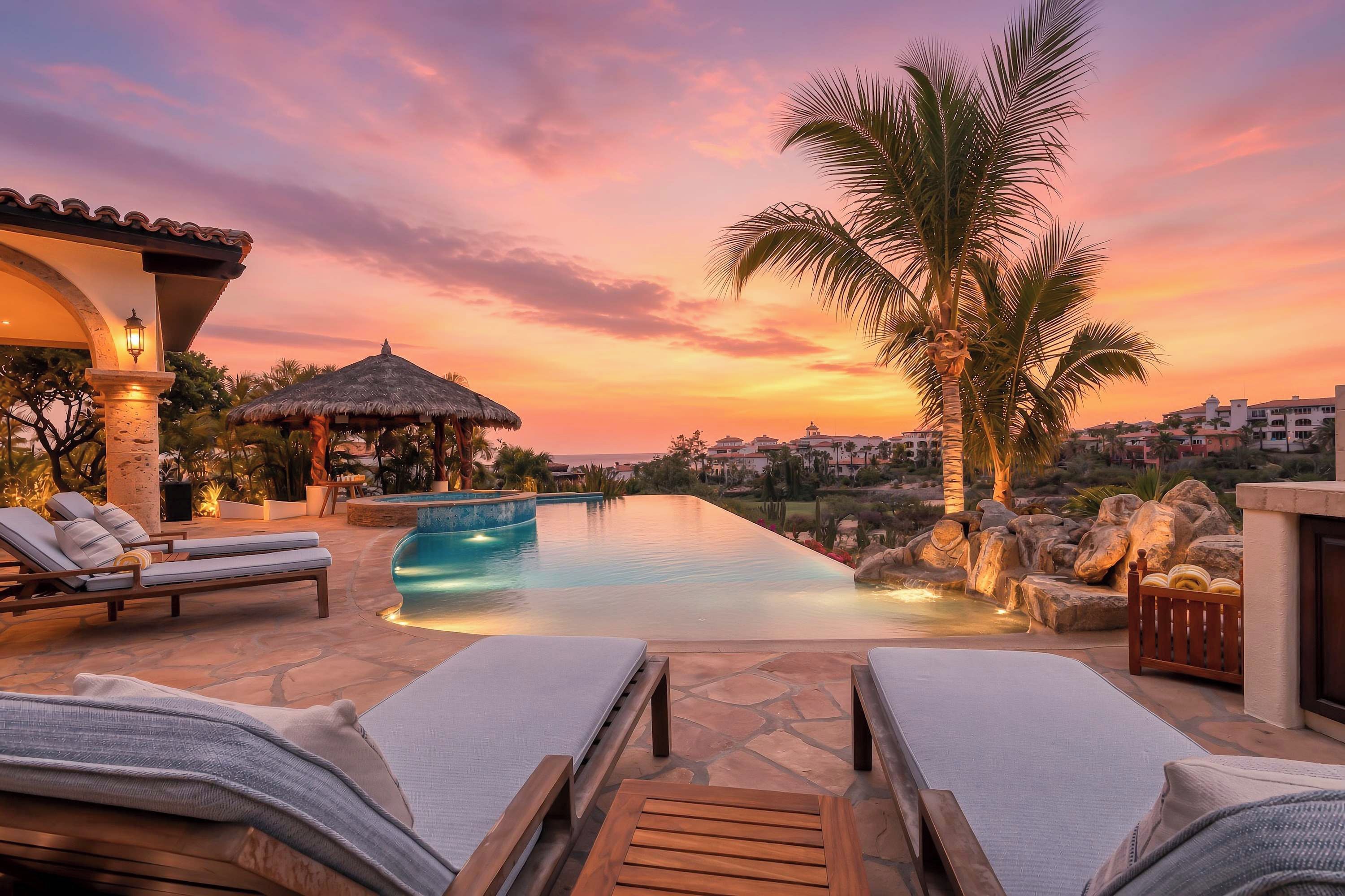 Zona de piscina con sillones de descanso, una estructura de techo de paja y vista al atardecer.