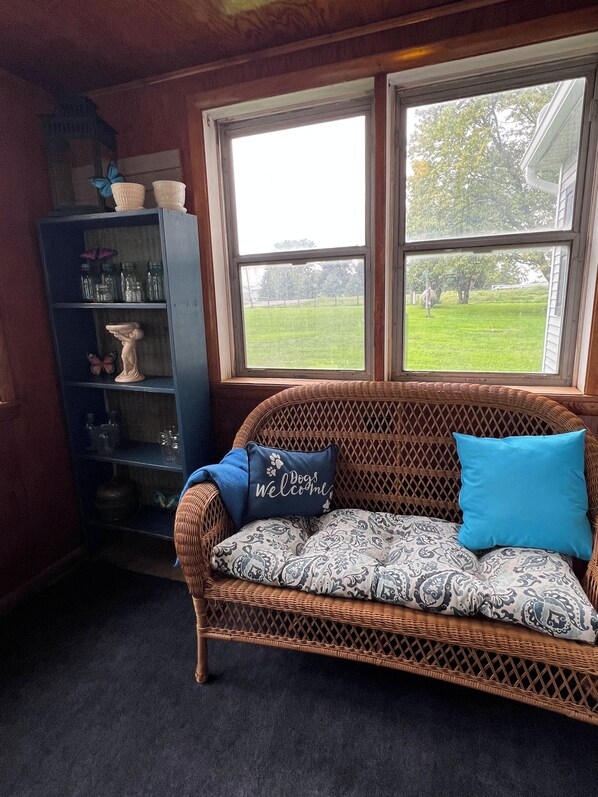 A wicker sofa with patterned cushions and a 'Dogs Welcome' pillow, positioned next to a bookshelf with decorative items, in a room with a large window overlooking a grassy yard.