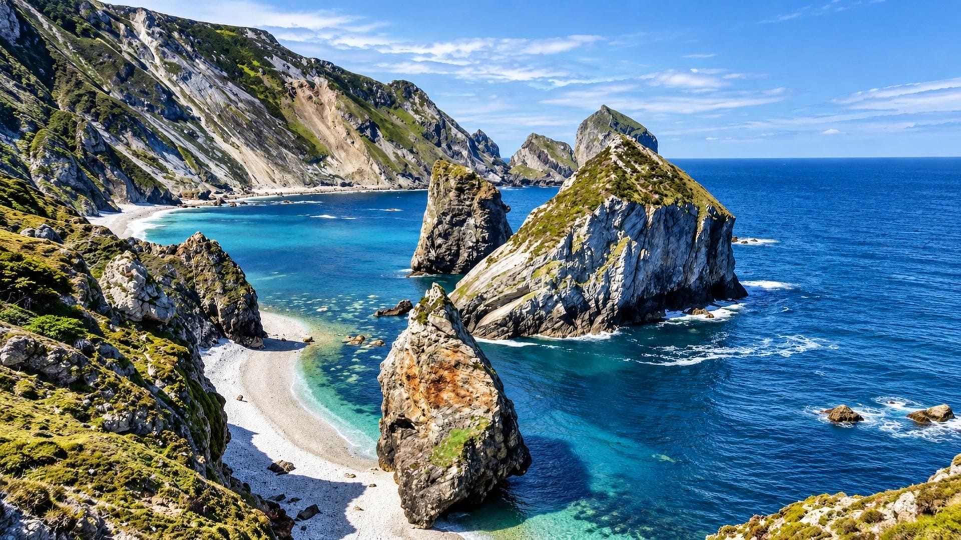Un paysage côtier caractérisé par des formations rocheuses, des eaux d’un bleu limpide et une plage de sable.