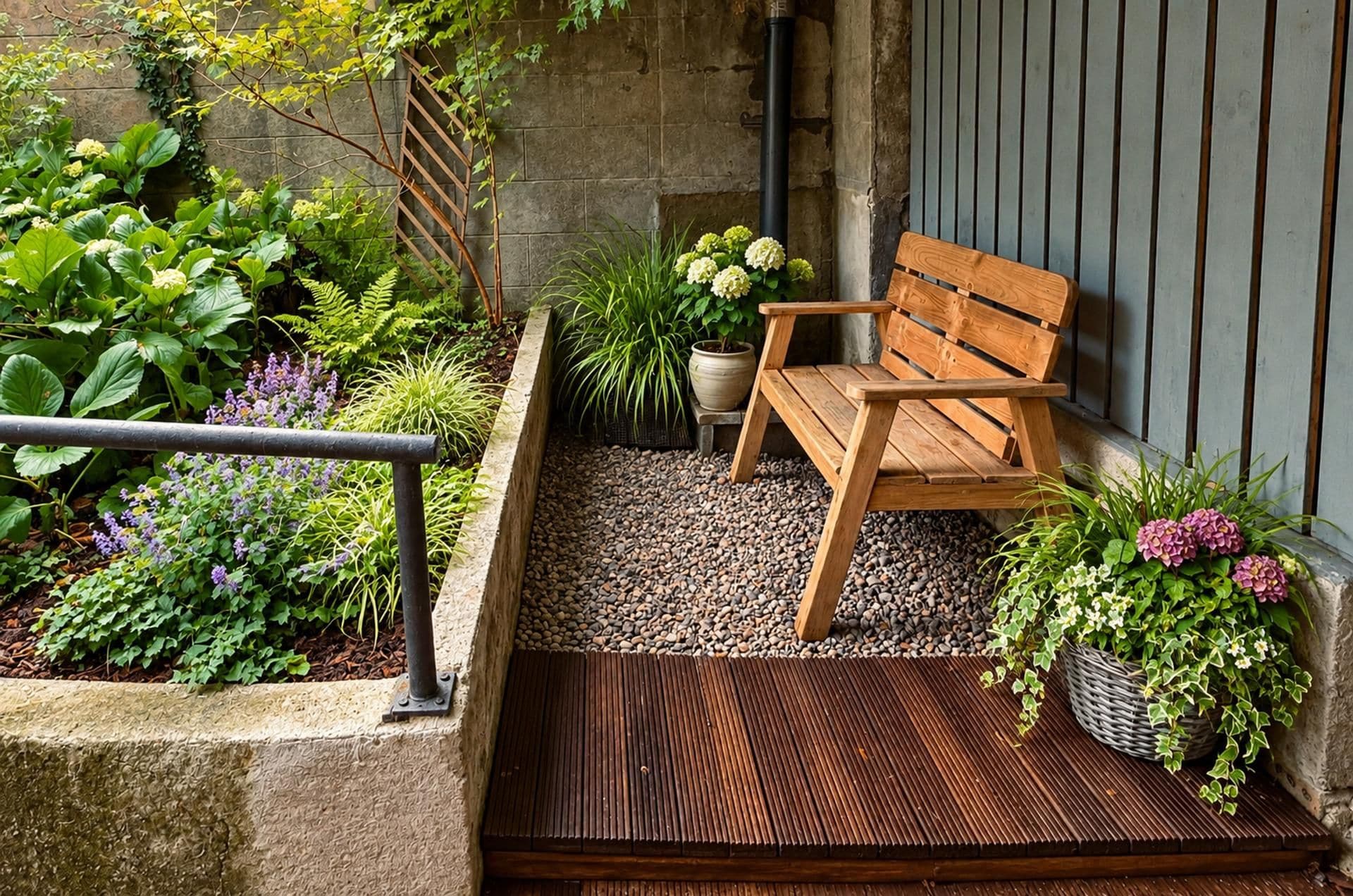 Un banco de madera en un jardín con diversas plantas y un muro de piedra.