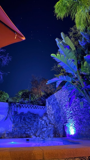 Un espacio exterior nocturno con muro de piedra, piscina y plantas tropicales.