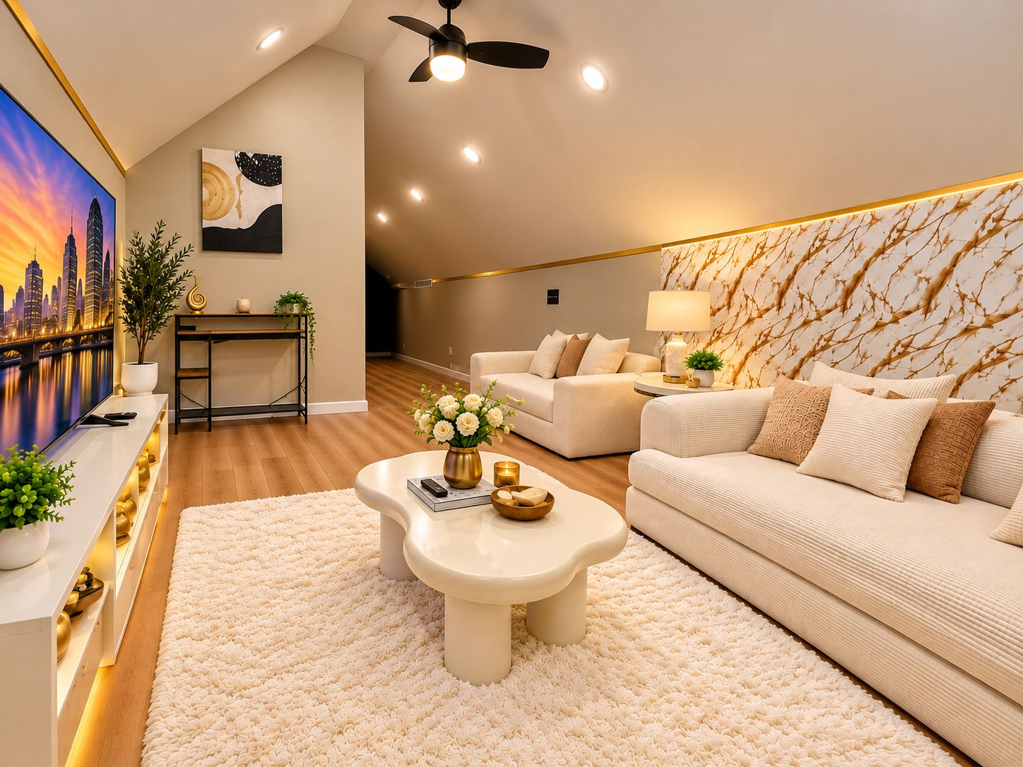 A modern living room with a high ceiling, a ceiling fan, a large painting of a cityscape, a white sofa, a coffee table with a vase of flowers, and a marble-patterned wall.
