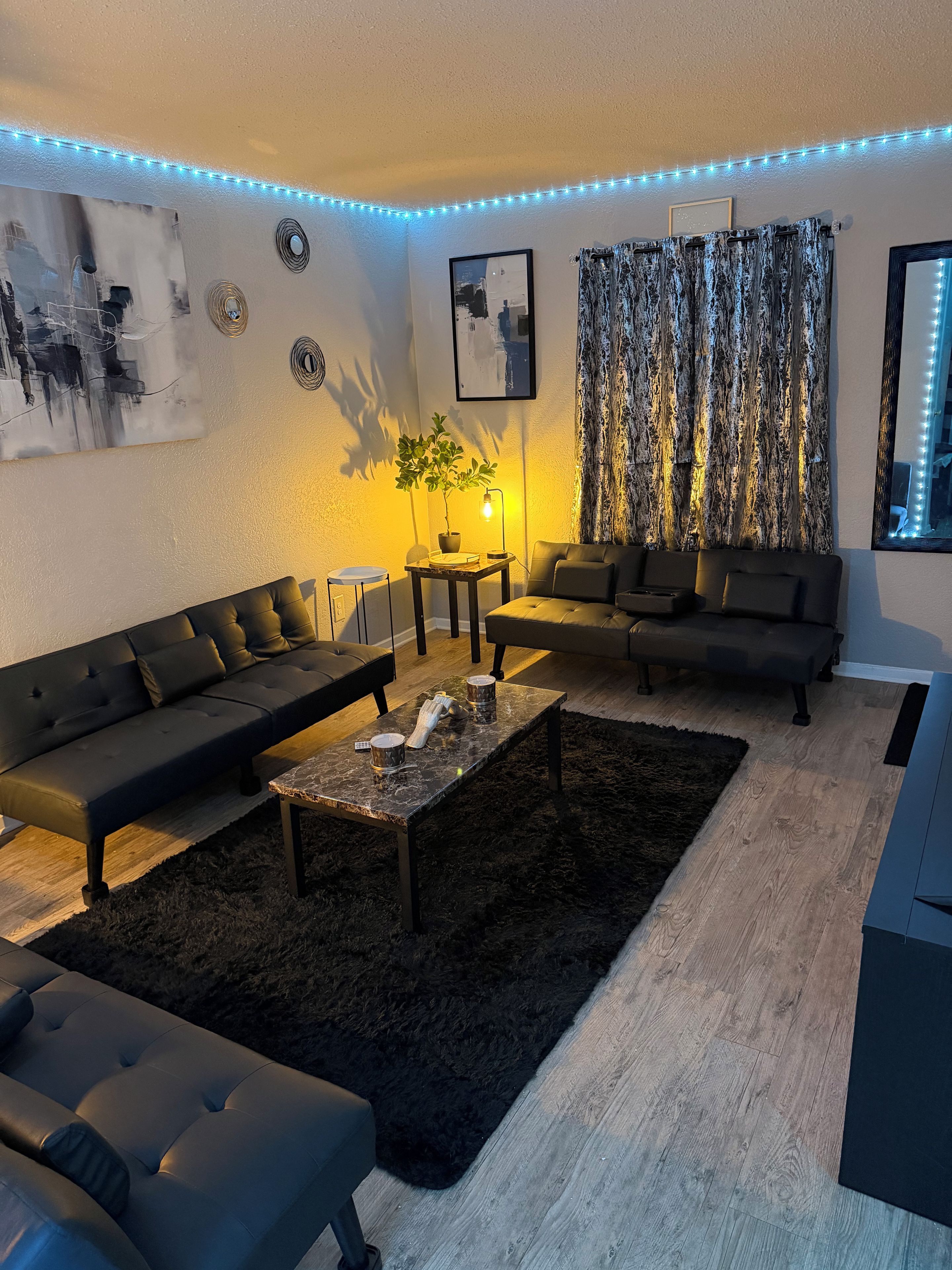 A modern living room with a sofa, a coffee table, and a potted plant.