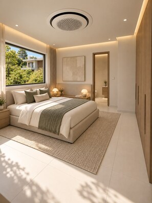 Ein modernes Schlafzimmer mit einem großen Bett, Nachttischlampen, einer Deckenleuchte und Blick auf Grünfläche.