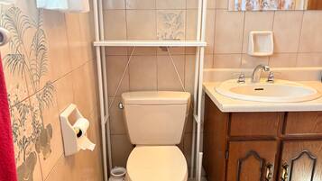 A bathroom with a toilet, a sink, and a cabinet.
