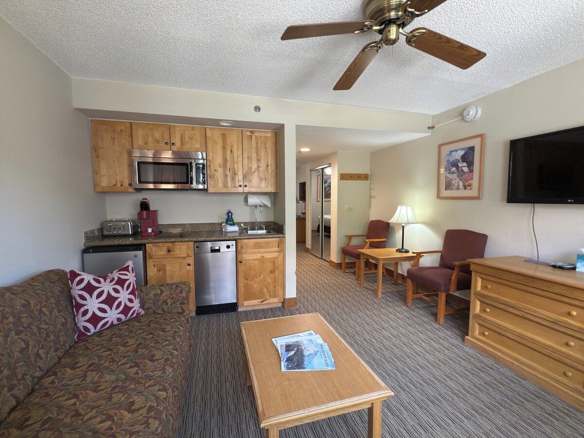 A compact living space with a kitchenette, a dining area, a sofa, and a television.