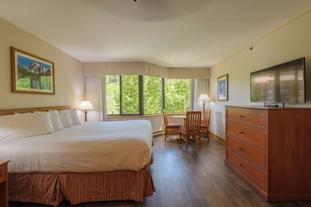 Une chambre d’hôtel avec un grand lit, une télévision, une commode et une fenêtre donnant sur les arbres.