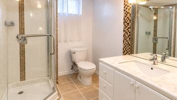 A bathroom with a glass-enclosed shower, a toilet, and a vanity with a mirror.