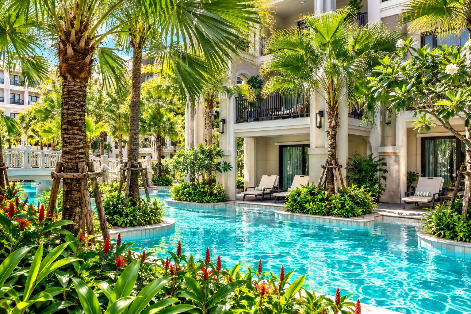 A pool area with palm trees, lounge chairs, and a multi-story building in the background.