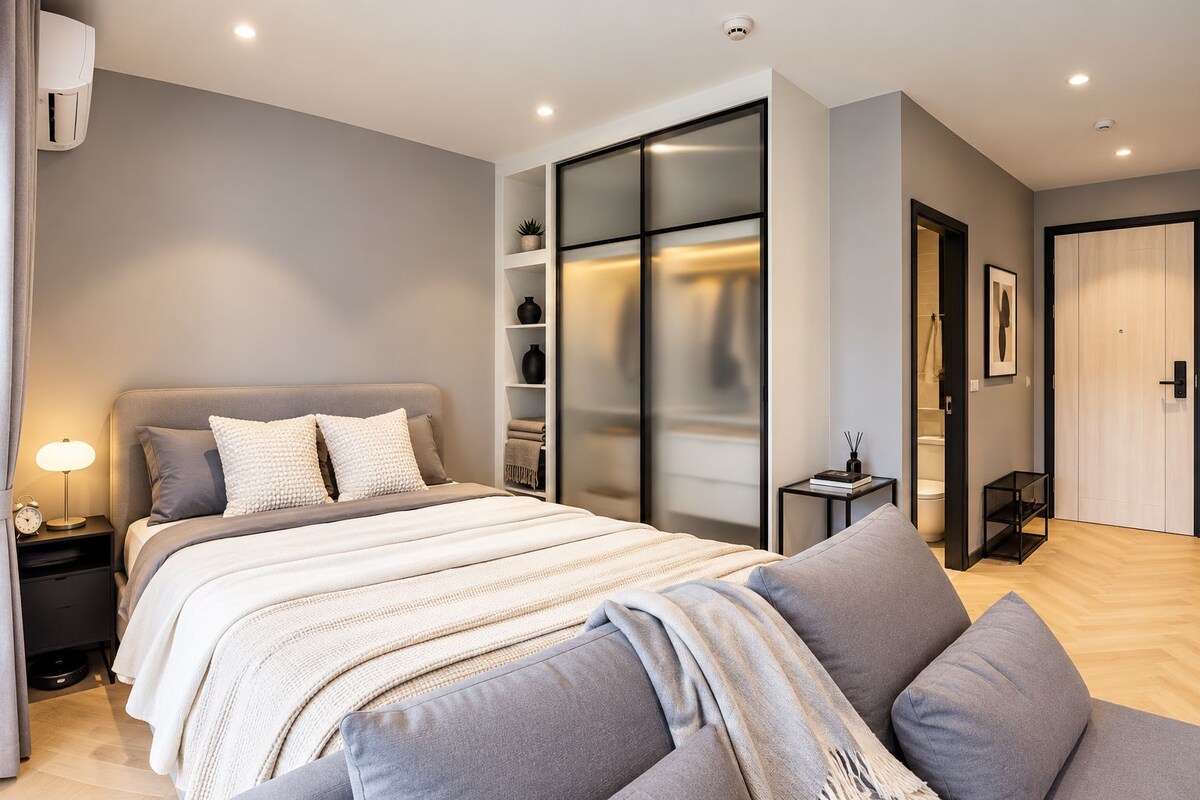 A modern bedroom with a bed, bedside table, lamp, and a wardrobe with sliding doors.