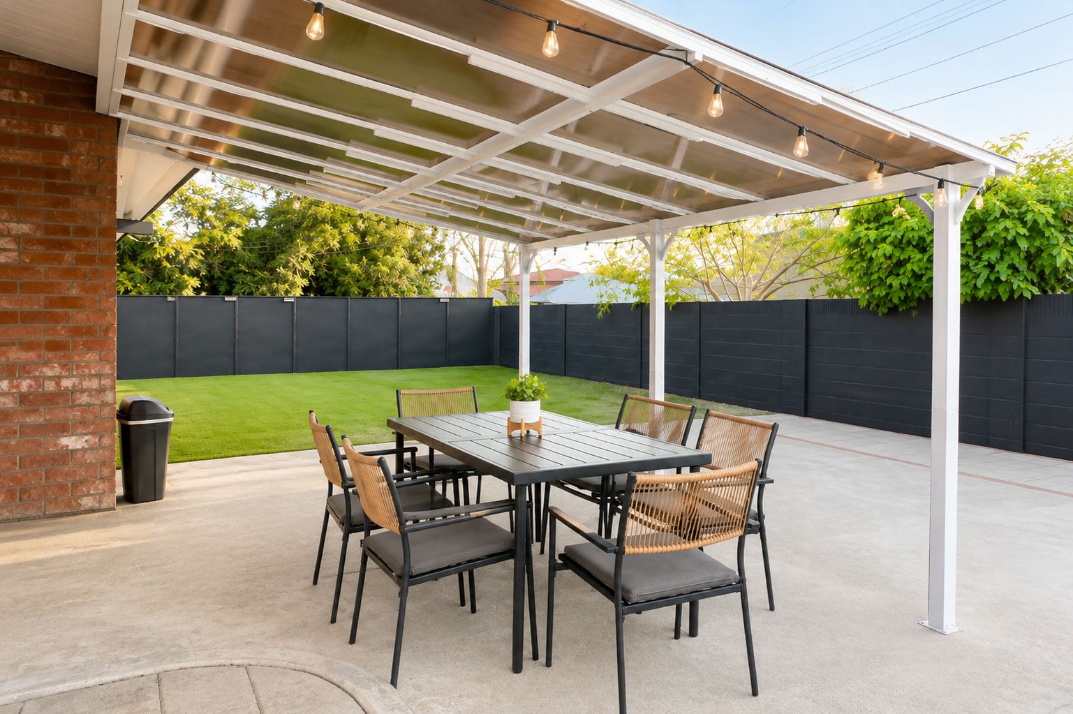 A covered patio with a table and chairs, a potted plant, and a brick wall.