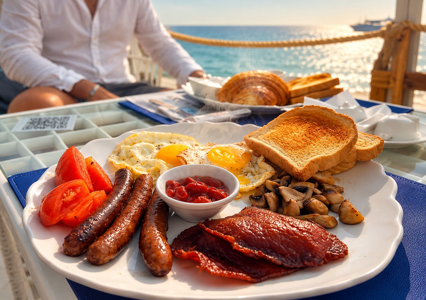 A breakfast plate with eggs, toast, sausages, tomatoes, mushrooms, and bacon.