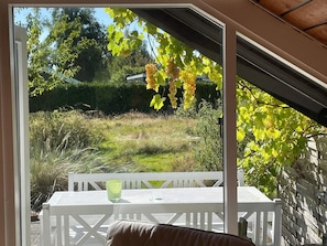 Eine Terrasse mit einem weißen Tisch und Kissen, mit Blick auf einen Garten mit Weinreben und einer Hecke.