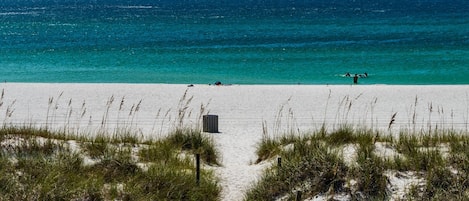 A beach with a clear path leading to the water, surrounded by sand and grass.