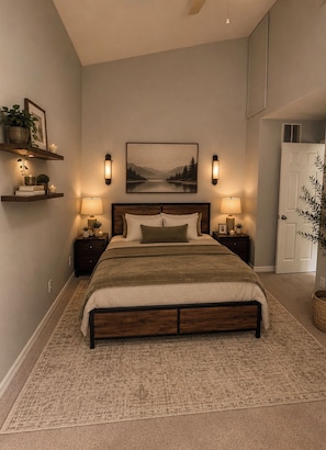 Una camera da letto con un letto grande, due comodini, un quadro appeso al muro e una porta.