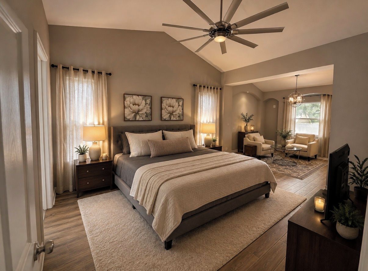 A bedroom with a large bed, a ceiling fan, and a TV on a stand.