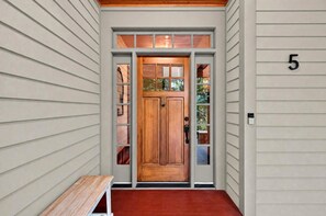 Front door entrance - Day's End Retreat | Pets, Game Room, Fire Pit & Views in Cheshire Village! (Black Mountain)