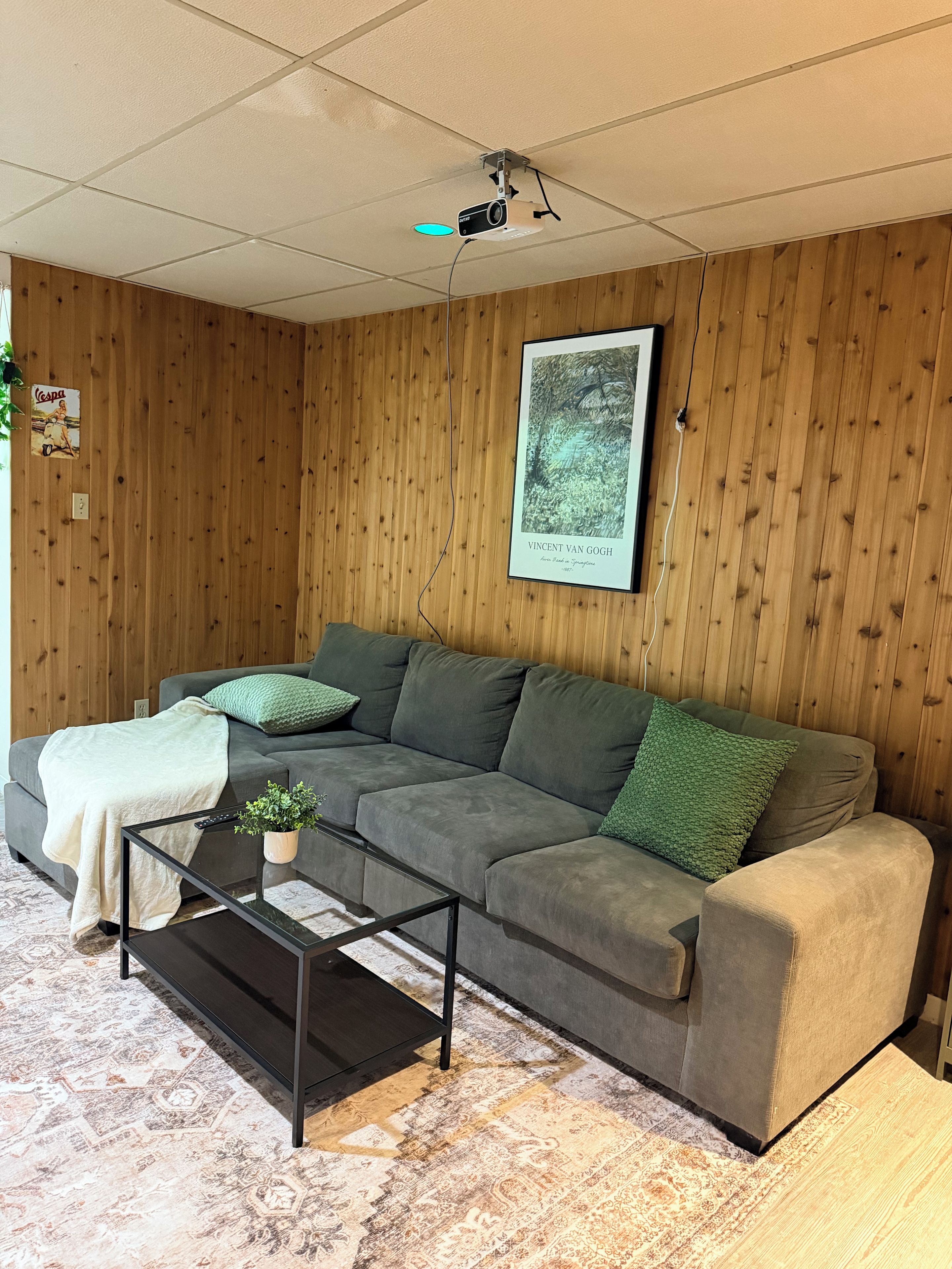 A living room with a grey sofa, a small coffee table, and a framed picture on the wall.