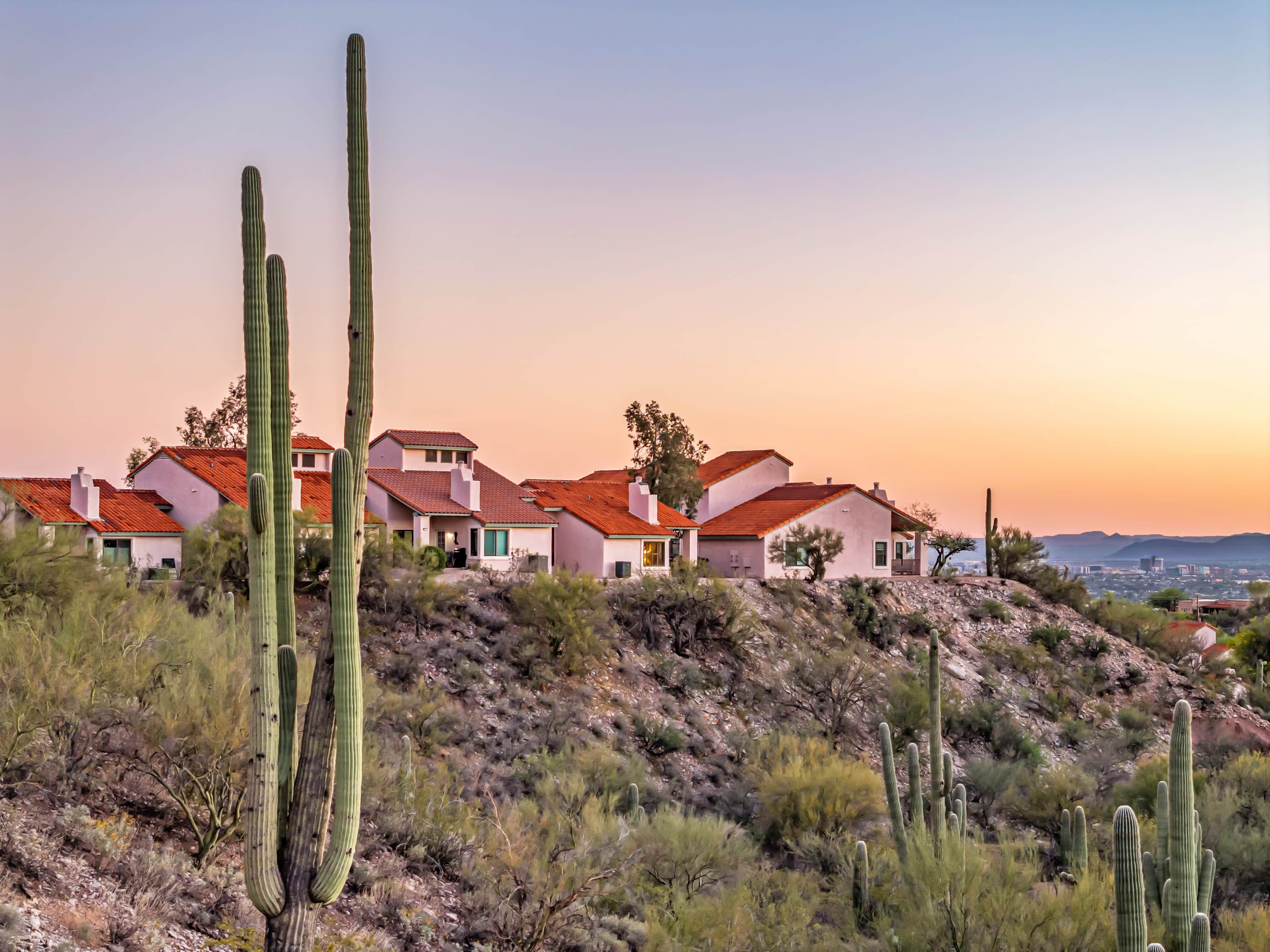 A residential area with houses featuring red-tiled roofs and a desert landscape with cacti.