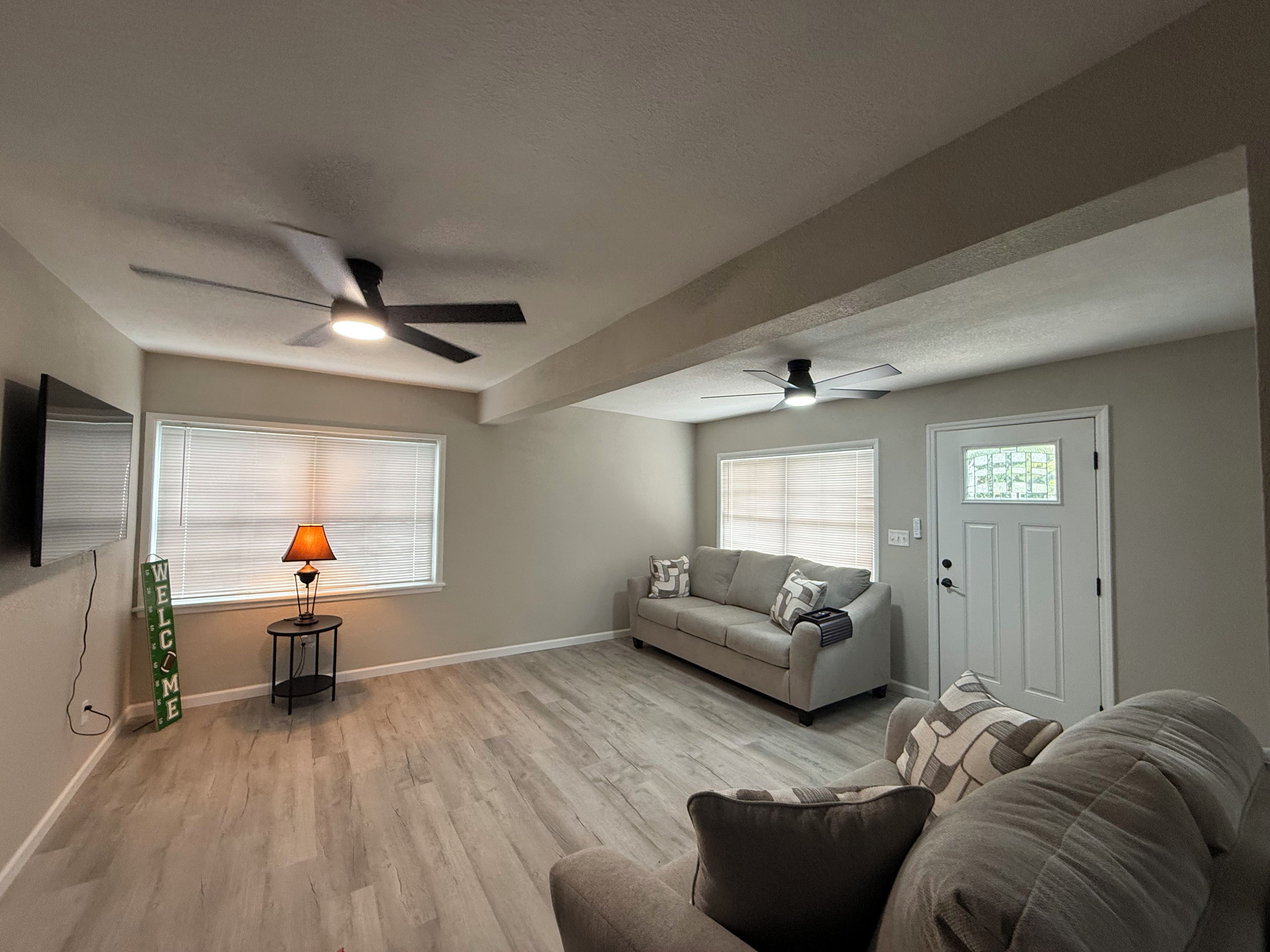 A living room with a sofa, a lamp, a ceiling fan, and a door with a window.