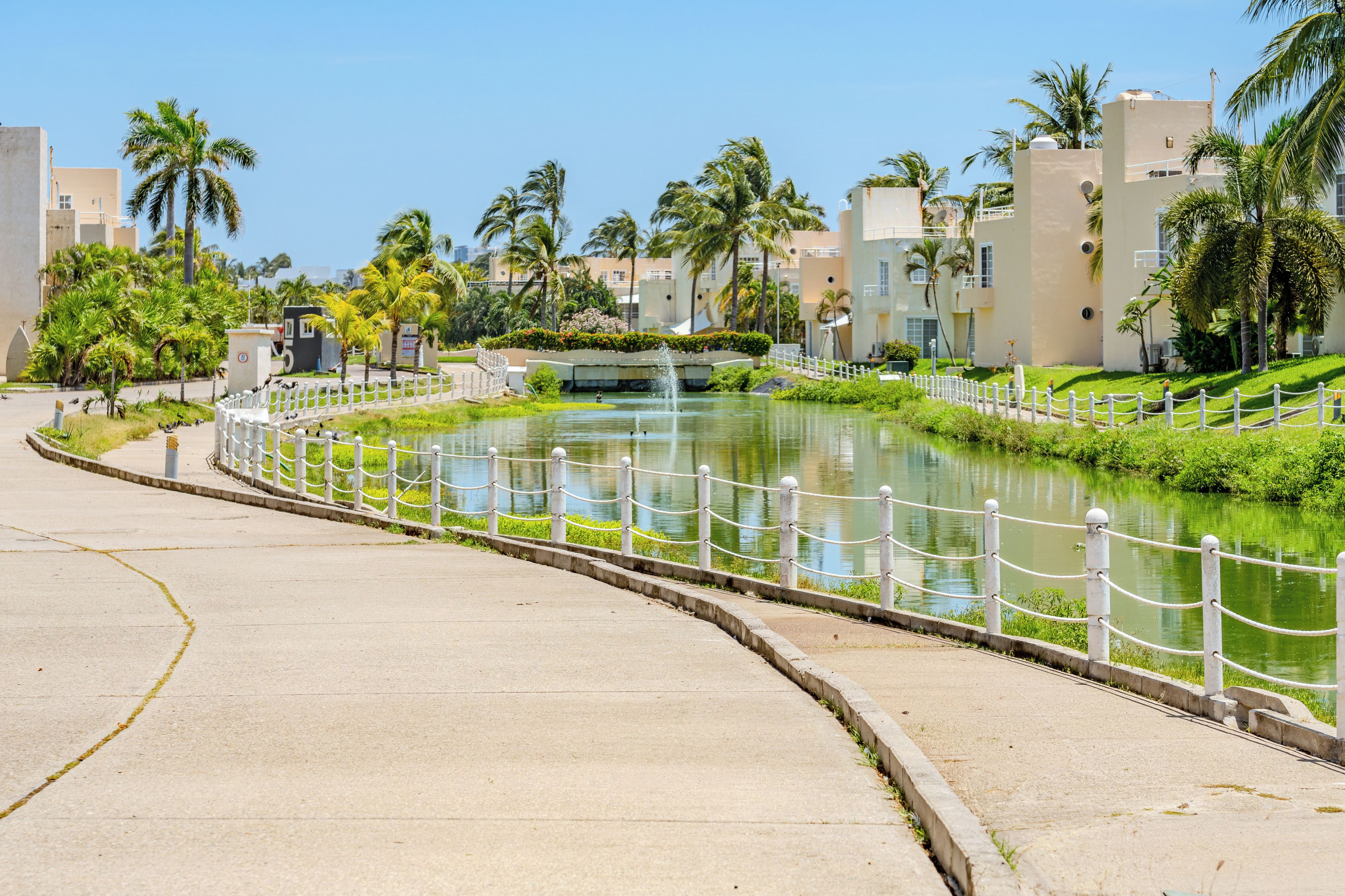 A waterfront promenade with a curved walkway, a small water feature, and palm trees.
