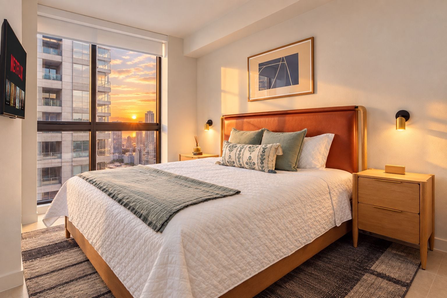 Une chambre d’hôtel moderne avec un grand lit, une vue sur la ville, un tableau encadré au mur et une table de chevet avec une lampe.