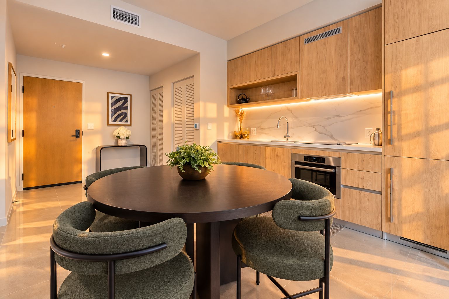 A modern kitchen with wooden cabinets, a round dining table with four chairs, and a built-in oven.
