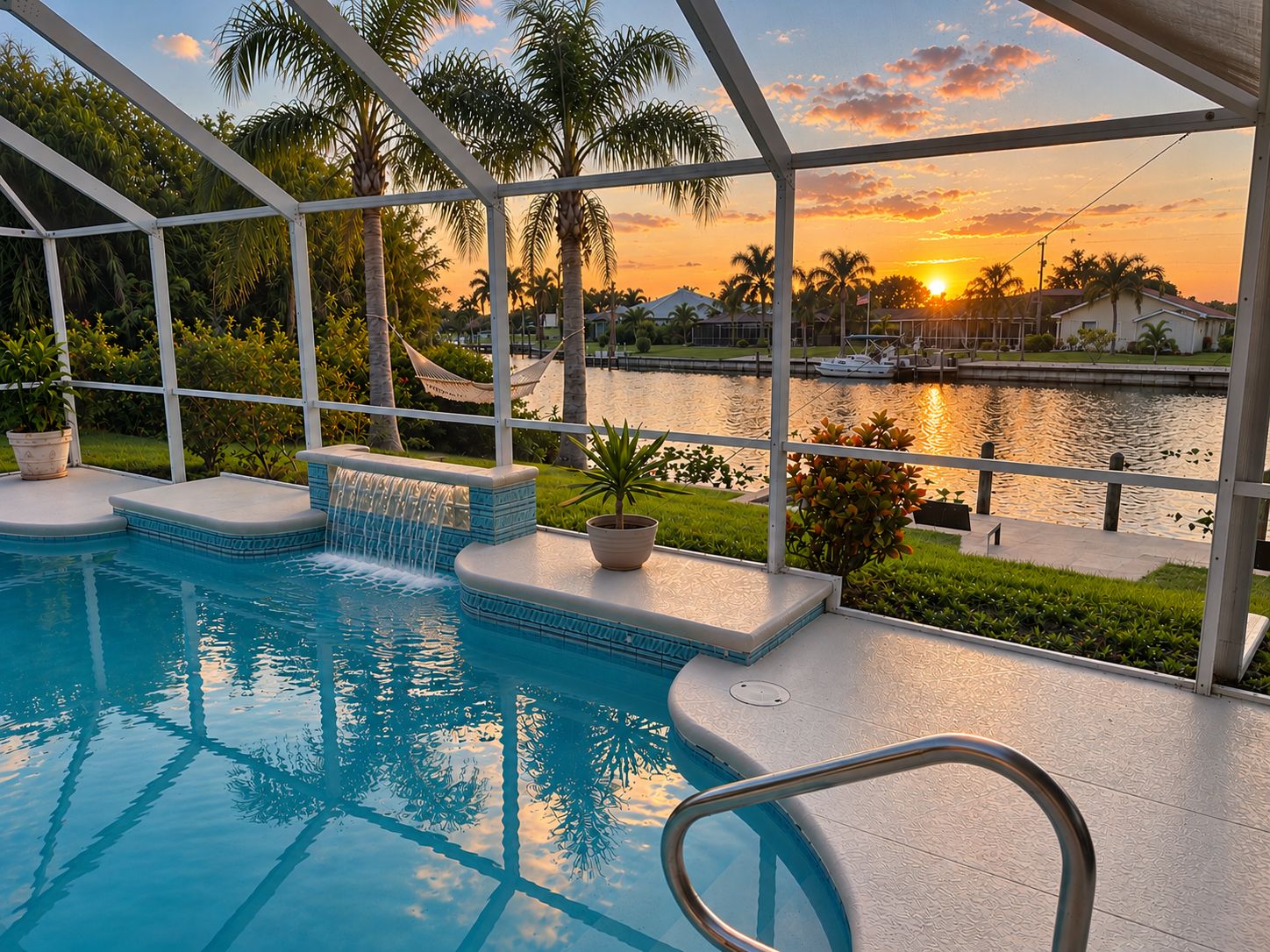An indoor swimming pool with a view of the sunset over a body of water, surrounded by palm trees and a hammock.