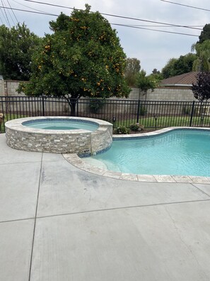 Ein Swimmingpool mit Steinrand und Whirlpool, umgeben von einem Zaun und einem Baum mit orangen Früchten.