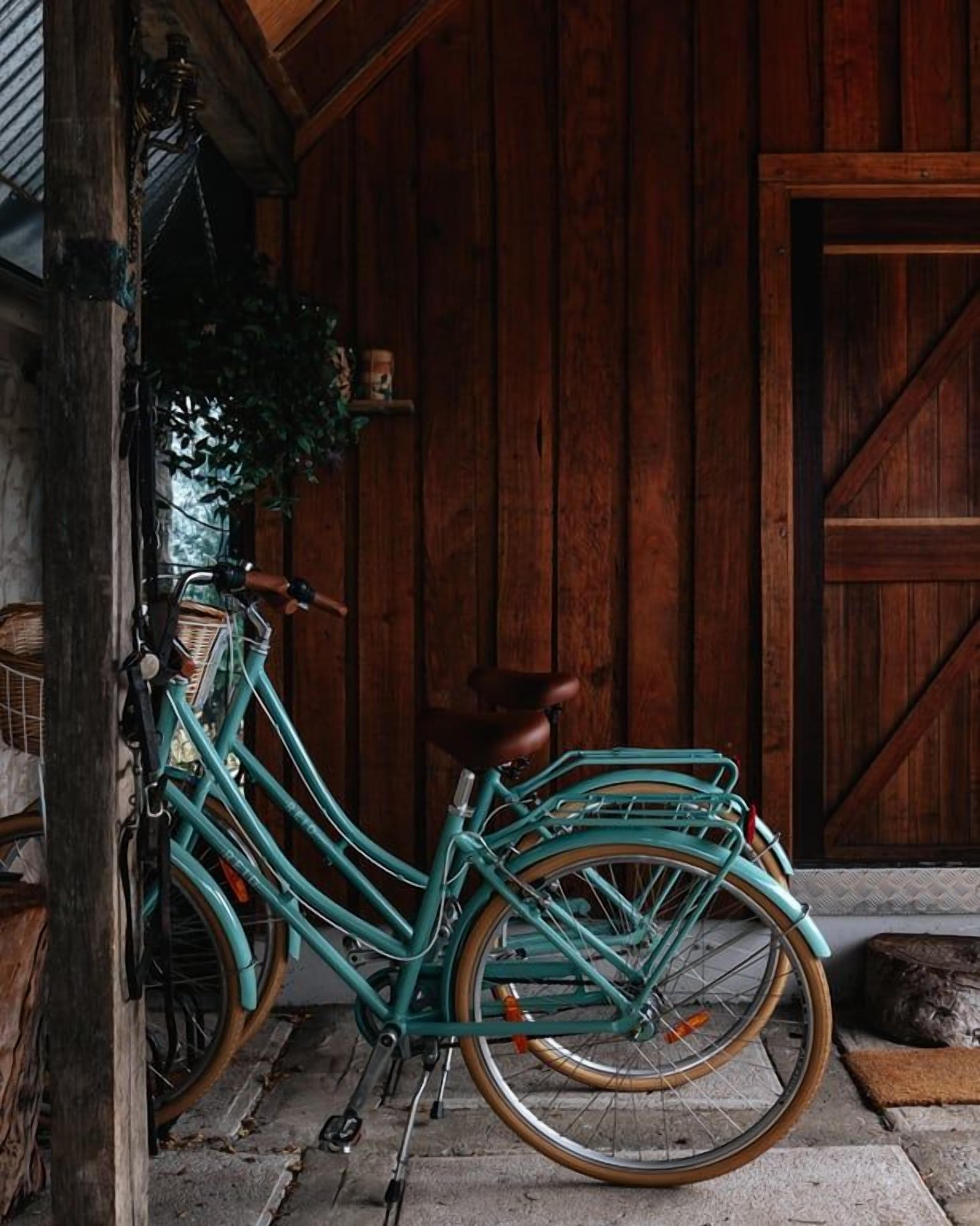 A teal bicycle parked against a wooden wall with a door and a window.