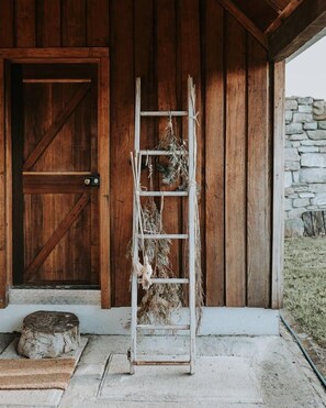 A wooden door with a metal ladder leaning against it, a stone wall, and a doormat on the ground.