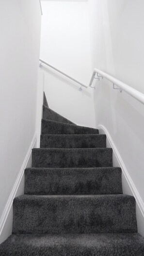 A staircase with carpeted steps and white handrails. - Charming Manchester House with 3 Bedrooms (Manchester)
