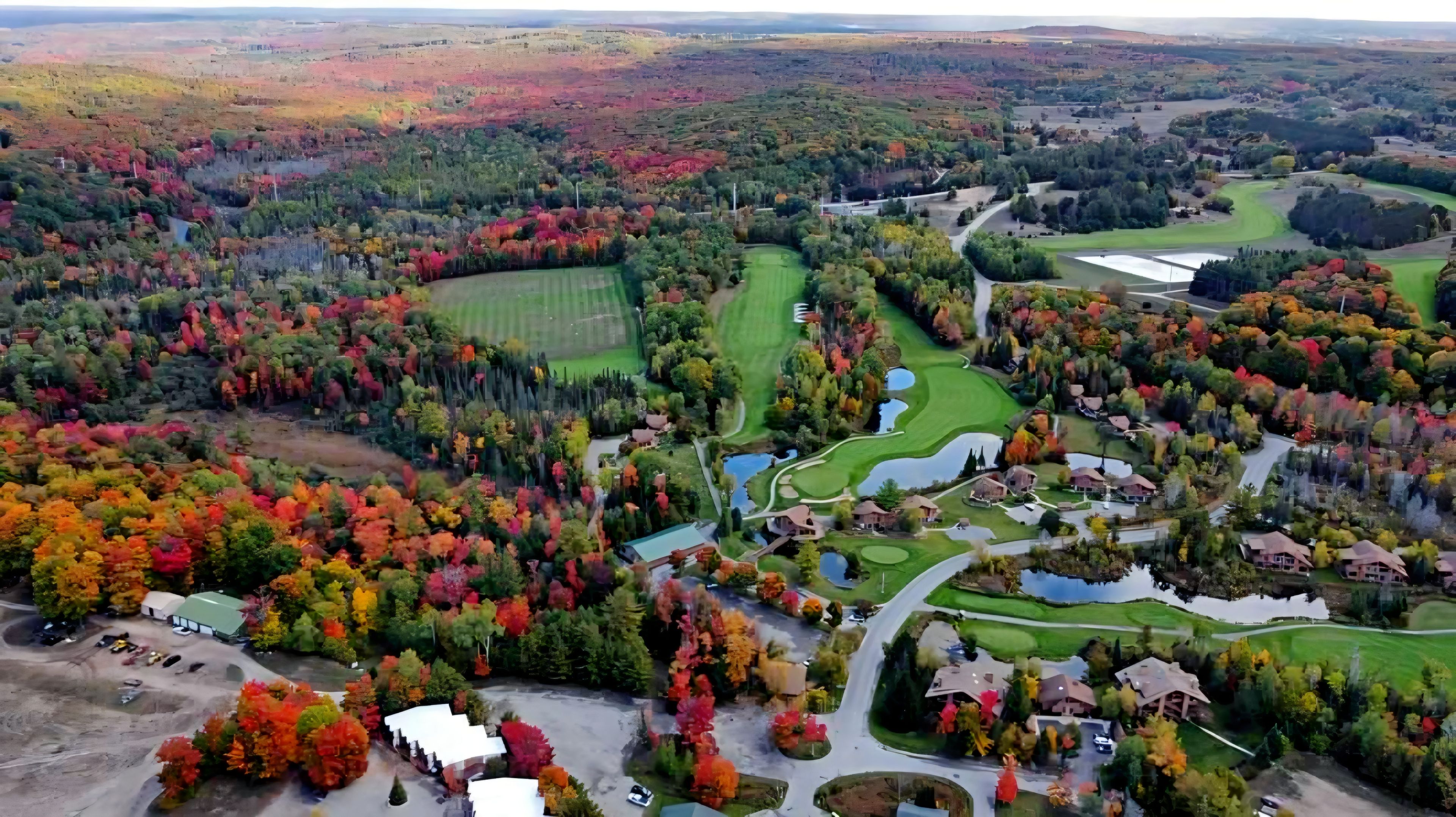 Vue aérienne d’un quartier résidentiel avec des maisons, un terrain de golf et les arbres environnants.