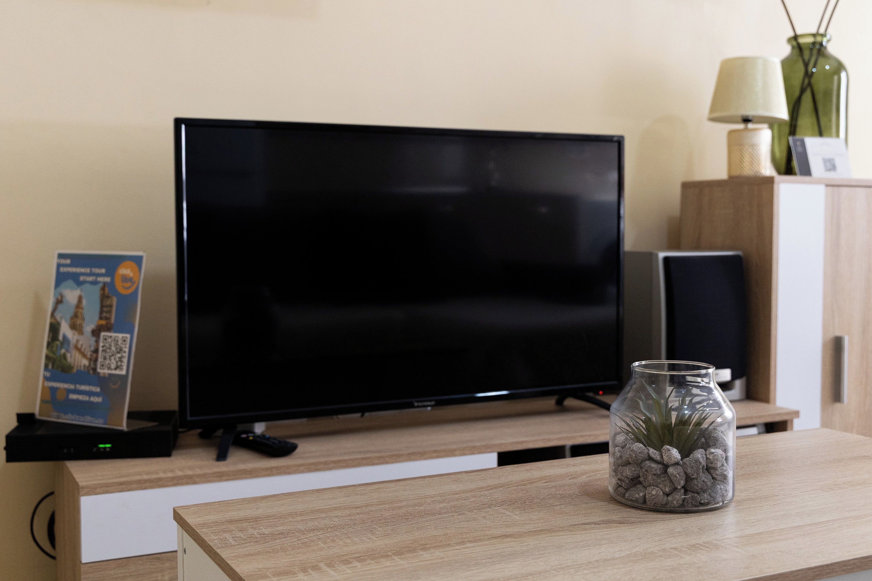 Un téléviseur à écran plat posé sur un meuble en bois, une petite table sur laquelle se trouve un bocal en verre contenant des pierres et une plante, et un haut-parleur sur la droite.