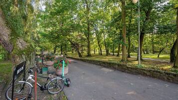Een verhard pad in een park met bomen, een lantaarnpaal en een fietsenrek met een fiets.