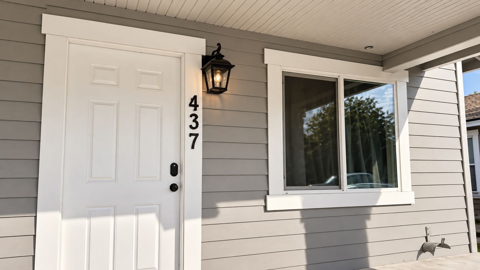 A house with a white door, a black mailbox, and a window with a white frame.