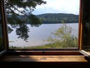A view of a lake with trees in the foreground and a forested hill in the background. - Haus am See by Interhome (Frymburk)