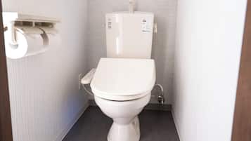 A modern toilet with a control panel, a toilet paper holder, and a visible water pipe.