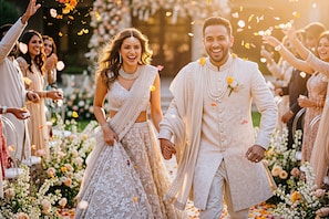 Una pareja caminando de la mano, rodeada de invitados y pétalos de flores, lo que sugiere un evento festivo.