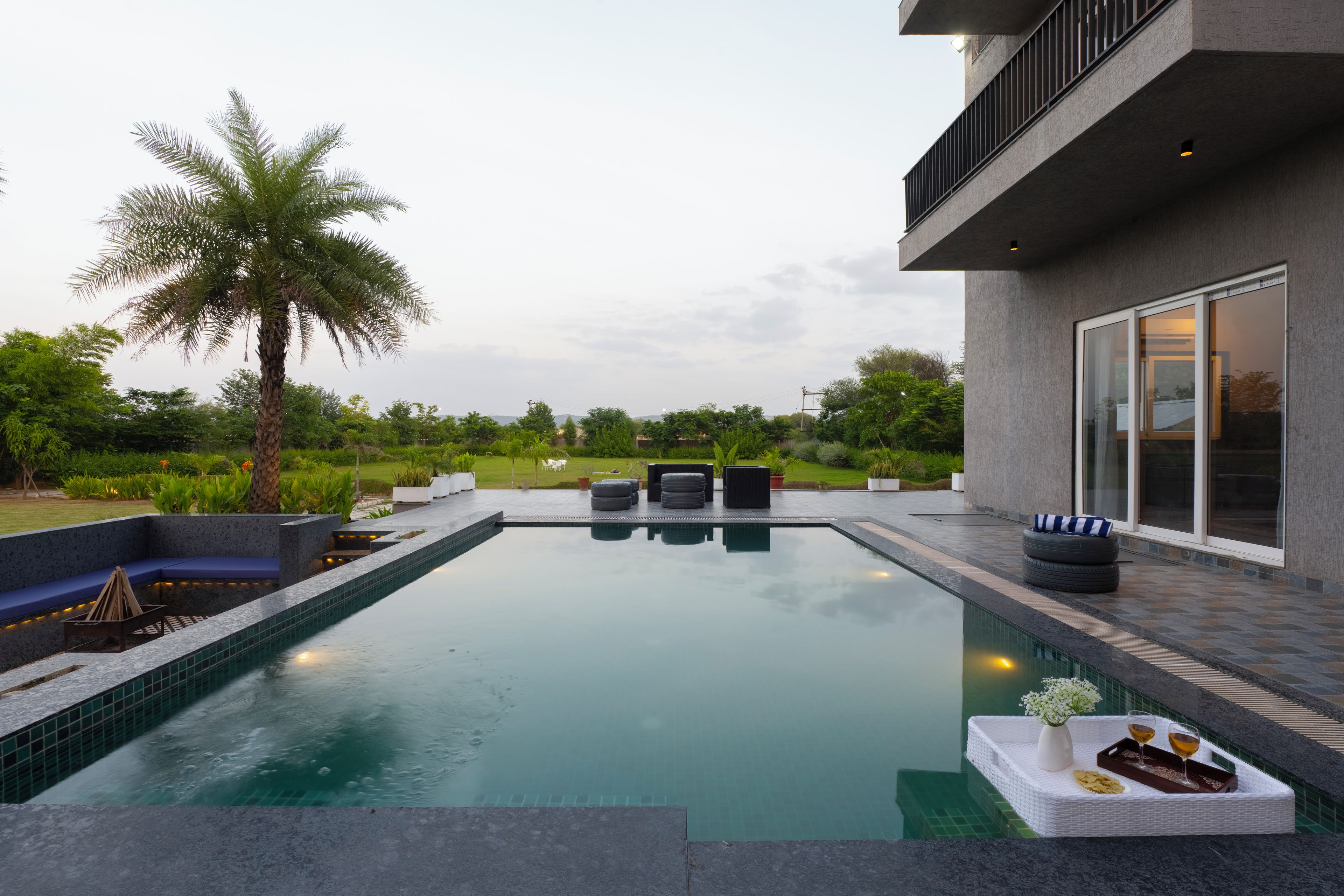 A modern outdoor swimming pool with a clear view of the surrounding landscape, including a palm tree and a grassy area.